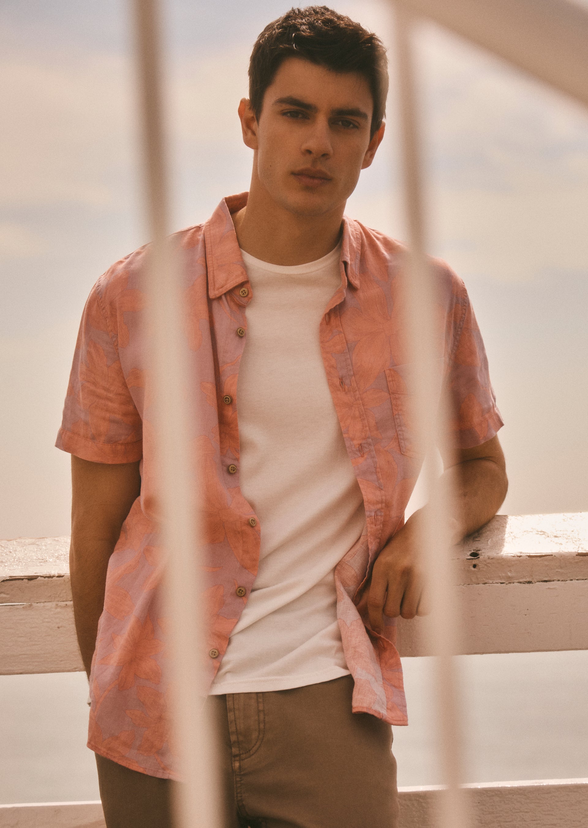 Front editorial image of model wearing Carson Shirt and johnny T-shirt