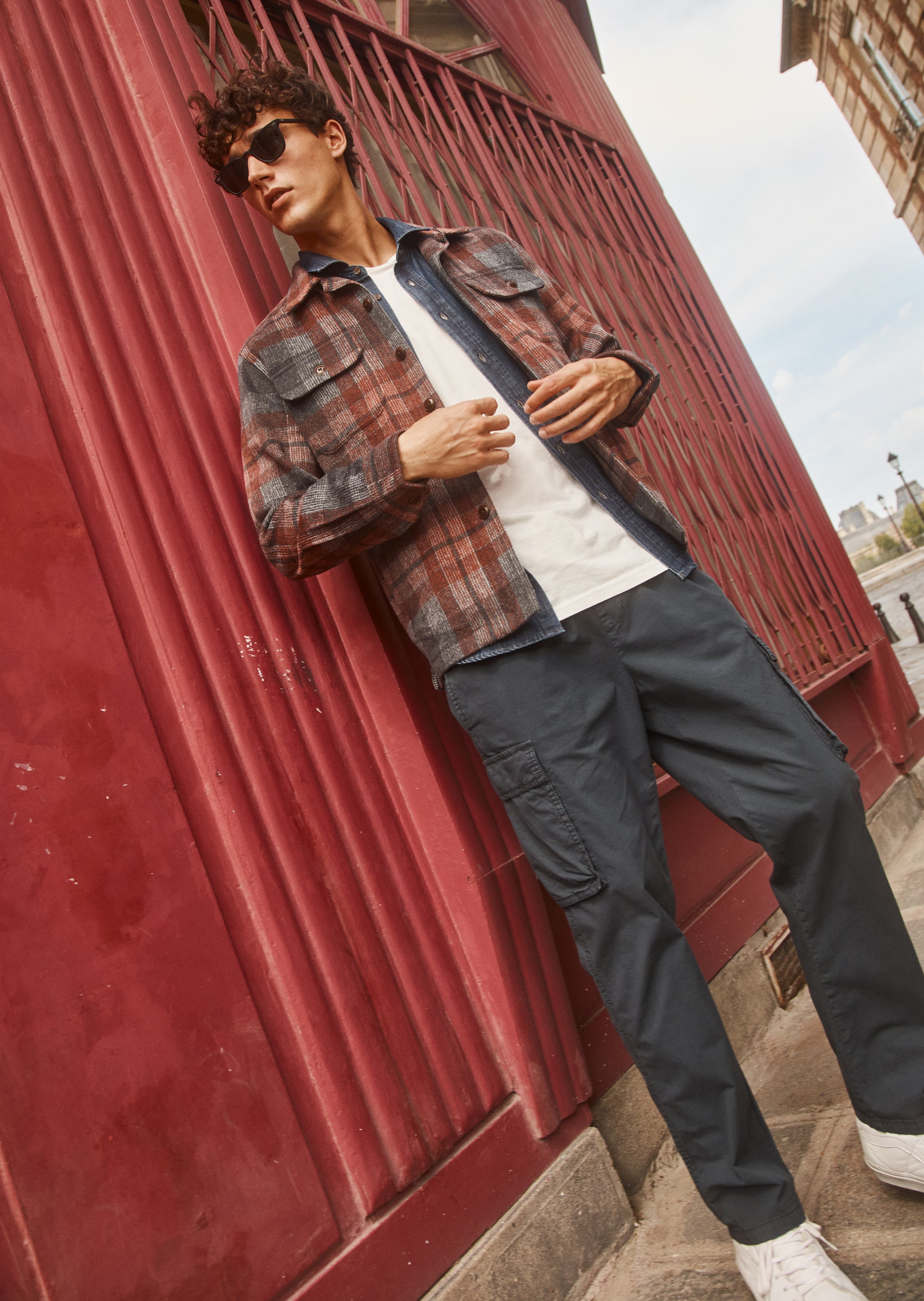 FULL BODY EDITORIAL IMAGE OF MODEL WEARING VIGGO SHIRT JACKET AND EMMERSON PANT