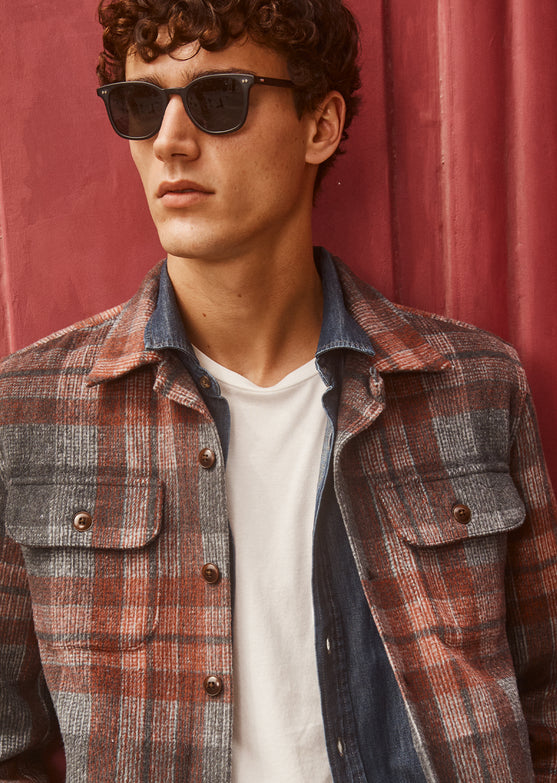 FRONT EDITORIAL IMAGE OF MODEL WEARING VIGGO SHIRT JACKET