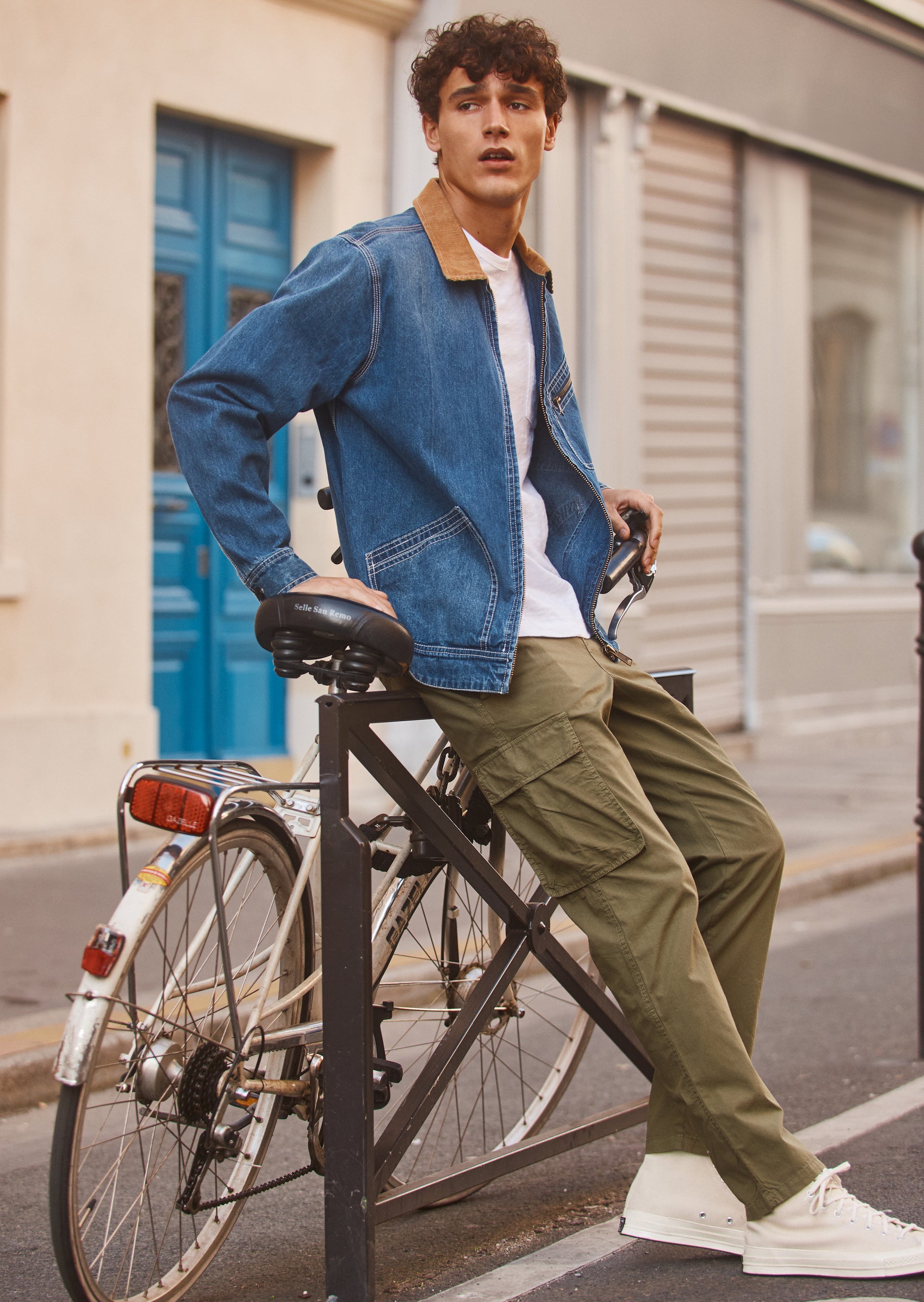 FULL BODY EDITORIAL IMAGE OF MODEL WEARING KETTER JACKET AND EMMERSON PANT. 