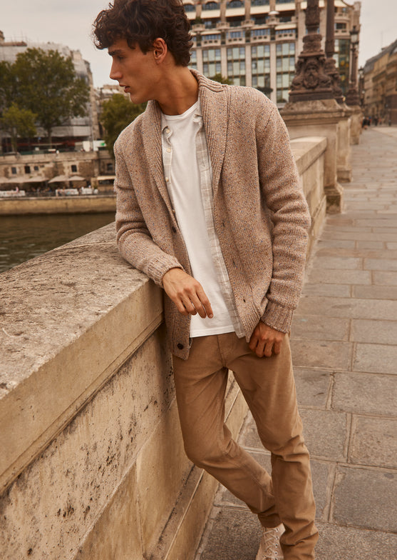 FRONT EDITORIAL IMAGE OF MODEL WEARING CORDEN CARDIGAN, LENNOX SHIRT, AND CARVER PANT