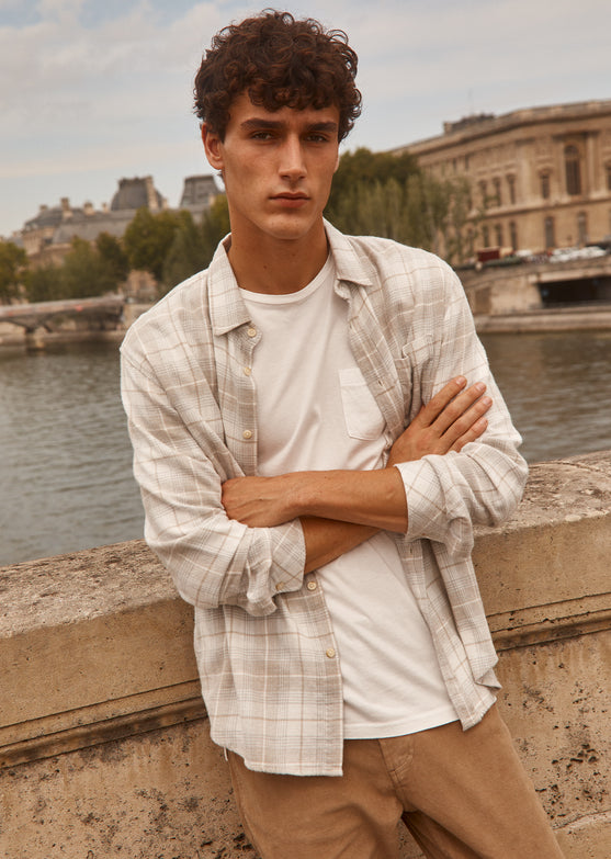 FRONT EDITORIAL IMAGE OF MODEL WEARING LENNOX SHIRT AND CARVER PANT