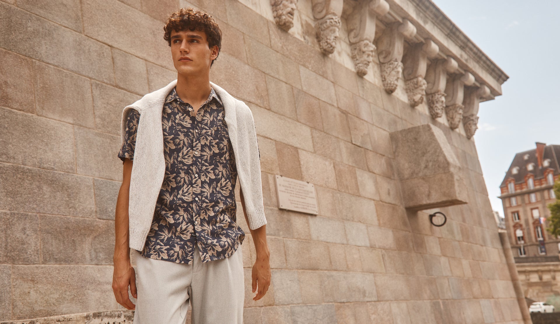 FRONT EDITORIAL IMAGE OF MODEL WEARING CARSON SHIRT AND DONOVAN SWEATER