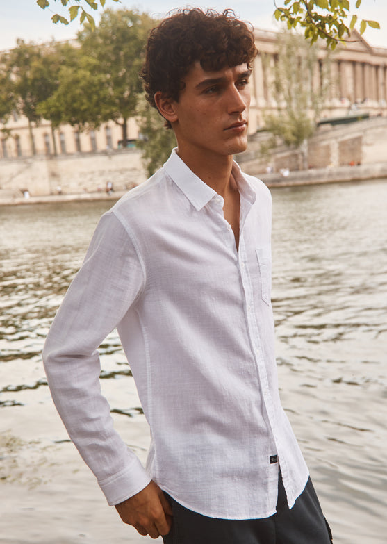 FRONT EDITORIAL IMAGE OF MODEL WEARING WYATT SHIRT