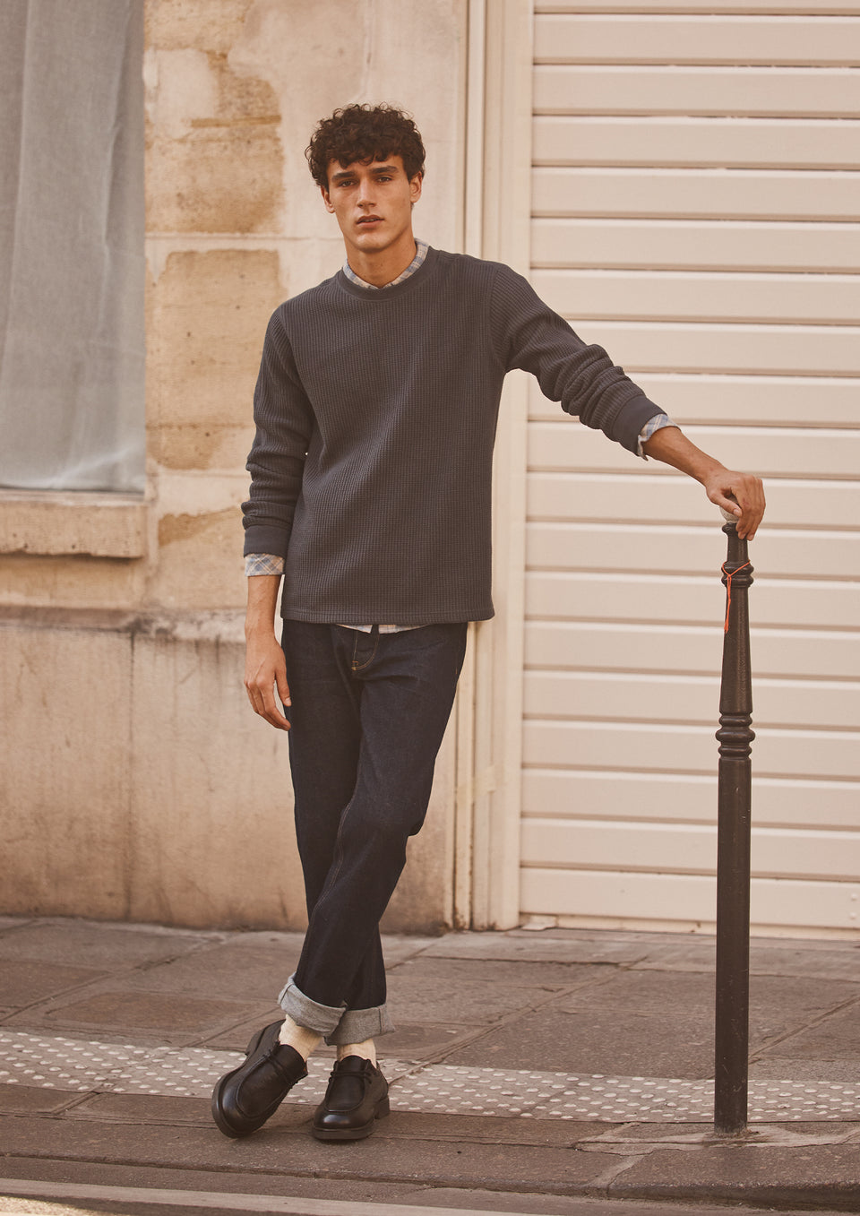 FRONT FULL BODY EDITORIAL IMAGE OF MODEL WEARING WADE THERMAL AND LENNOX SHIRT