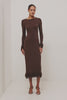 Alejandra Midi Dress in Silk Blend Knit With Fitted Body, Crew Neck, Long Sleeves, and Fringe Trim at the Cuffs and Straight Hem in Espresso Colorway - Full Body Front View Featured on Model - Video