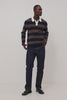 Luther Rugby Sweater in Cotton Knit With Contrast Polo Collar, Quarter-Button Placket, Relaxed Fit, and Long Sleeves in Navy Carob Stripe Colorway - Video - Full Body Front View Featured on Model