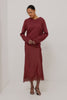 Lidya Sweater in Wool-Cashmere Knit Blend With V-Neckline, Loose Relaxed Fit, Long Sleeves, and Ribbed Trim in Crimson Colorway - Full Body Front View Featured on Model - Video