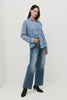 Ingrid Button-Up Collared Shirt in TENCEL Denim With Vintage-Inspired Wash, Floral Embroidery, a Chest Patch Pocket, and Long Sleeves in Blossoms Colorway - Video - Full Body Front View Featured on Model