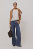 Angeleno Wide Leg in Rigid Denim With Hidden Stretch, Relaxed Mid-Rise Fit, 5-Pockets, Self-Tie Shoelace Belt, and Frayed Waistband in River Colorway - Video - Full Body Front View Featured on Model