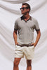 Hayden Polo Shirt in Lightweight Cotton With Split V-Neck Collar, Short Sleeves, and Classic Fit in Oat Ripple Colorway - Video - Full Body Front View Featured on Model
