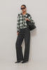 Joelle Top in Mesh With High Funnel Neckline, Long Sleeves, Self-Lined Body, and Asymmetric Ruching at Shoulder and Waist in Navy Sage Plaid Colorway - Full Body Front View Featured on Model - Video