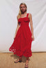 Moira Midi Dress in Cotton Poplin With Wide Embroidered Shoulder Straps Soft Sweetheart Neckline Smocked Empire Waist Fully Lined Skirt With Floral Cutwork at Hem in Scarlet Colorway - Full Body Front View Featured on Model - Video