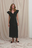 (Video): Mckenna Dress in Black Eyelet shown on a model to showcase the heavy satin material, lace trim, plunging v-neck, and flutter sleeves. Full Body View Featured on Model.