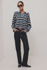 Delora Rugby Sweater in Wool Blend Knit in Loose, Boxy Fit, With Long Sleeves, Quarter-Button Placket, and Scalloped Trim in Sky Forest Stripe Colorway - Video - Full Body Front View Featured on Model