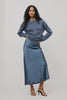 Helly Sweater in Wool-Cashmere Blend With Crew Neckline, Relaxed Boxy Slightly Cropped Fit, Long Sleeves, and Ribbed Trim in Atlantic Colorway - Full Body Front View Featured on Model - Video