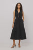 Dana Midi Dress in Cotton Poplin With Deep V-Neck and Center-Front Ties, Laddered Elastic Waist, Fully Lined Tiered Skirt, On-Seam Side Pockets, and Ruffle Trim in Black Colorway - Full Body Side View Featured on Model - Video