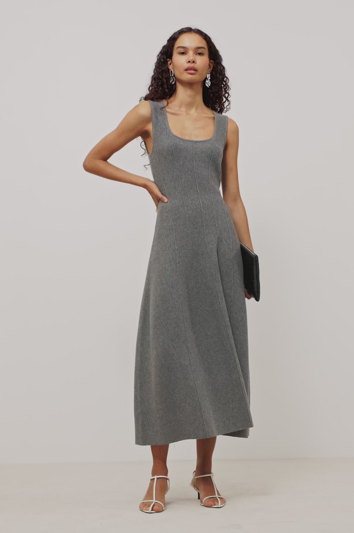 Angelica Maxi Dress in Soft Wool Blend With Fitted Bodice, Scoop Neck, Paneled Seams, and A-Line Sweep Skirt in Heather Grey Colorway - Video - Full Body Front View Featured on Model Stylized