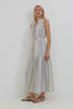 Alessi Maxi Dress in Linen With Smocked Split V-Neckline With Center-Front Ties Diamond Eyelet Detailing All Over Ruffled Trim and Fully Lined Tiered Skirt in Striped Eyelet Colorway - Full Body Front View Featured on Model - Video