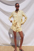 Knox Button-Up Shirt in Linen Viscose With Collar, Front Buttons, Long Sleeves, and Relaxed Fit in Sunshine Colorway - Full Body Front View Featured on Model - Video