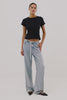 Normandie Pant in Cotton Lyocell Denim With Low-Slung Fit, Adjustable Toggle Drawstring Waist Ties, 5-Pockets, and Loose Fit in Sun Kissed Blue Colorway - Lower Body Front View Featured on Model -Video