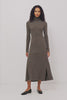 Kat Maxi Dress in Ribbed Cotton Blend With Foldover Turtleneck Button Neckline, Long Sleeves, Fitted Silhouette, Long Sleeves, Side Placket, and Subtle Flare at Hem in Hazelnut Colorway - Video - Full Body Front View Featured on Model