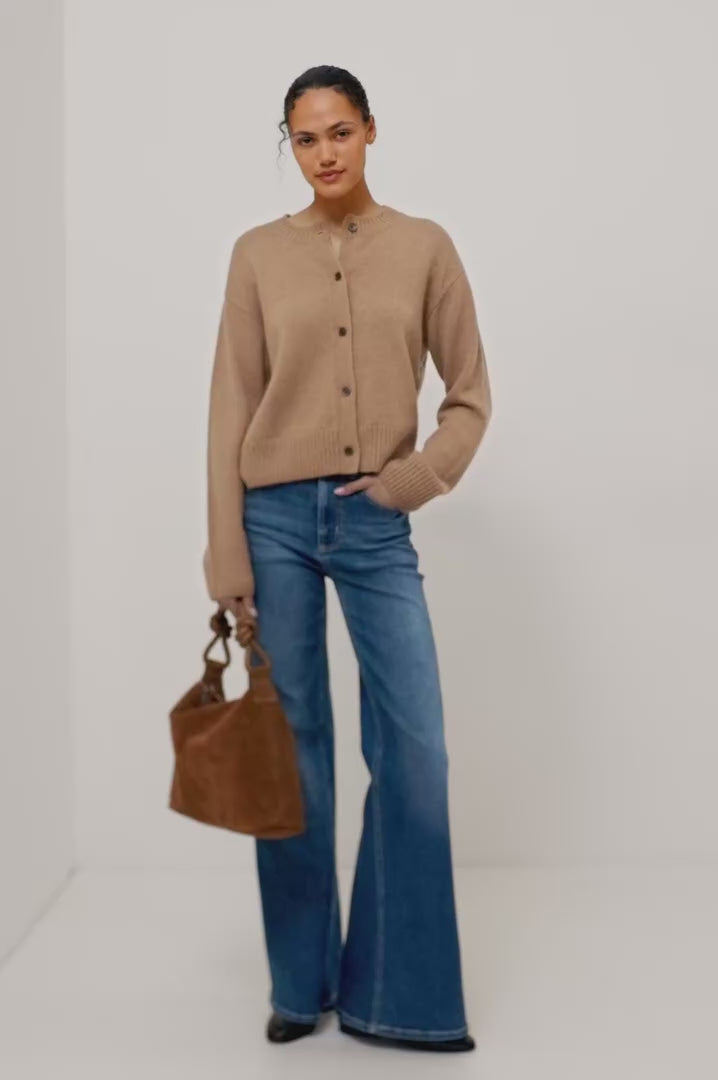 Olivos Palazzo Jean in Super Stretch Denim With High-Rise, Wide Legs, 5-Pockets, and Zip Fly in Lagoon Colorway - Video - Full Body Front View Featured on Model