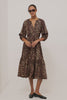 Leanne Maxi Dress in Crinkle Poplin With Loose Swing Fit, Ruffle Trim Peasant Neckline, Long Balloon Sleeves, Front Buttons, and Single Tier in Brown Nala Colorway - Video - Full Body Front View Featured on Model