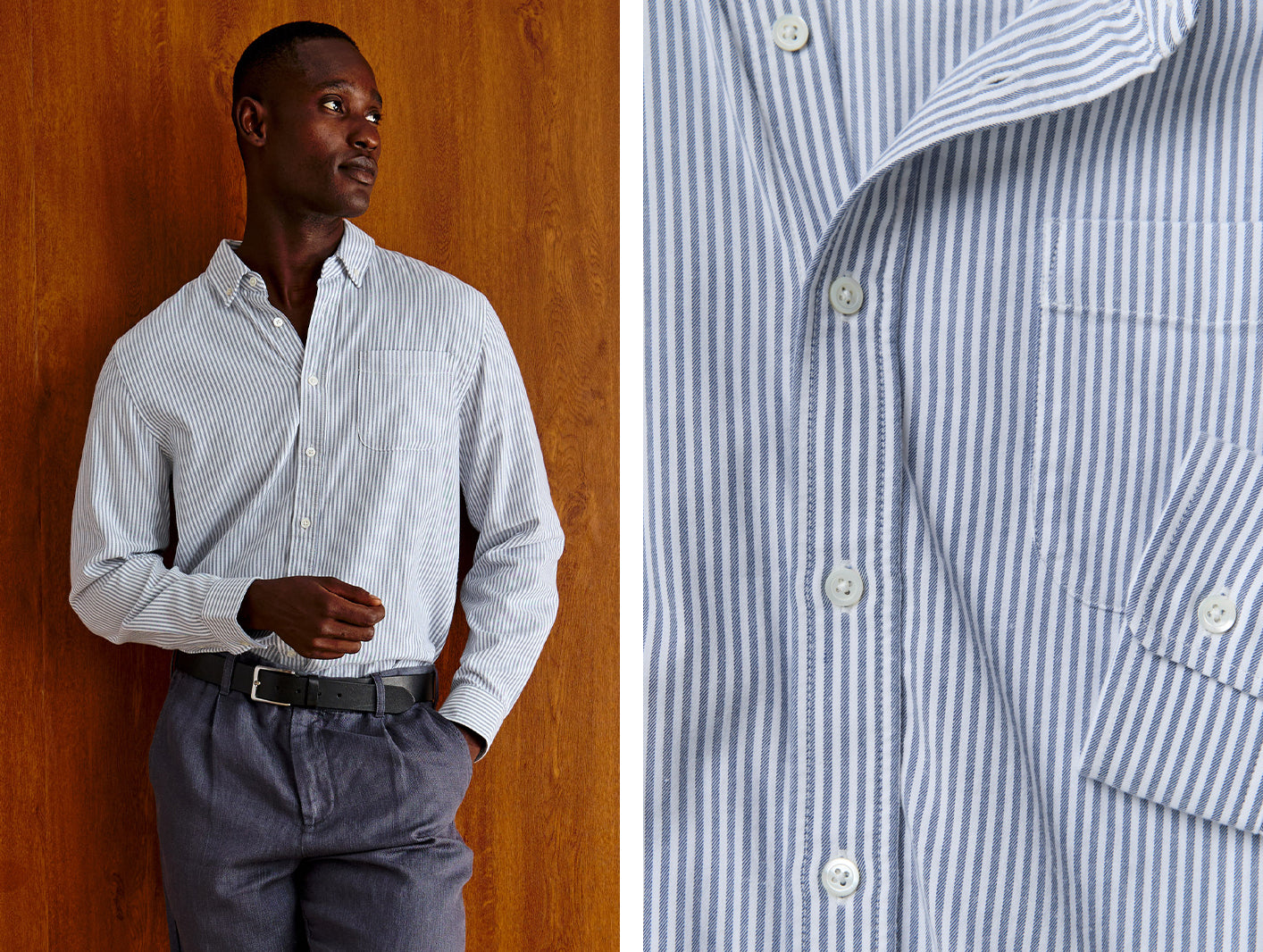A man wearing a light blue and white vertically striped long-sleeve button-down shirt, paired with gray trousers and a black belt, standing against a warm wood-paneled wall. The right side of the image is a close-up detail of the shirt's striped fabric and buttons.