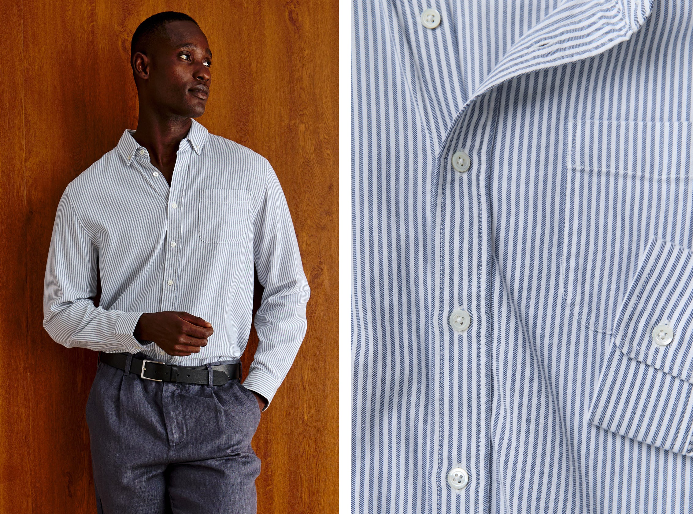 A man wearing a light blue and white vertically striped long-sleeve button-down shirt, paired with gray trousers and a black belt, standing against a warm wood-paneled wall. The right side of the image is a close-up detail of the shirt's striped fabric and buttons.