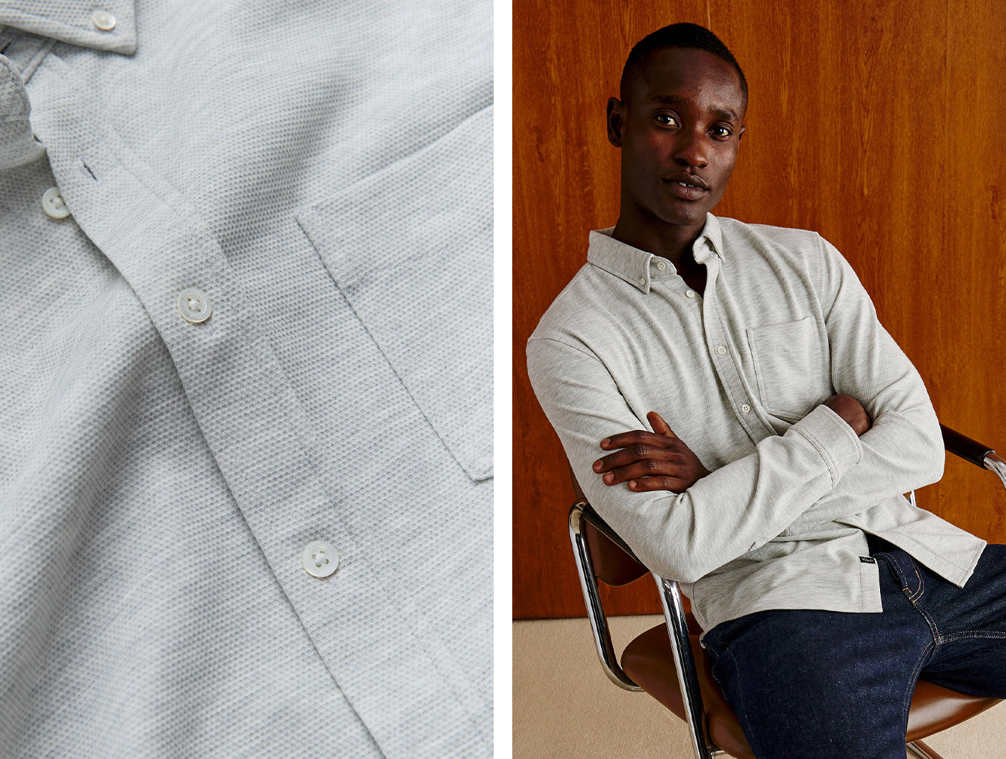 A split image showing a close-up of a light gray textured long-sleeve button-up shirt on the left, and a man wearing the shirt in a studio setting with a wood-paneled background on the right.