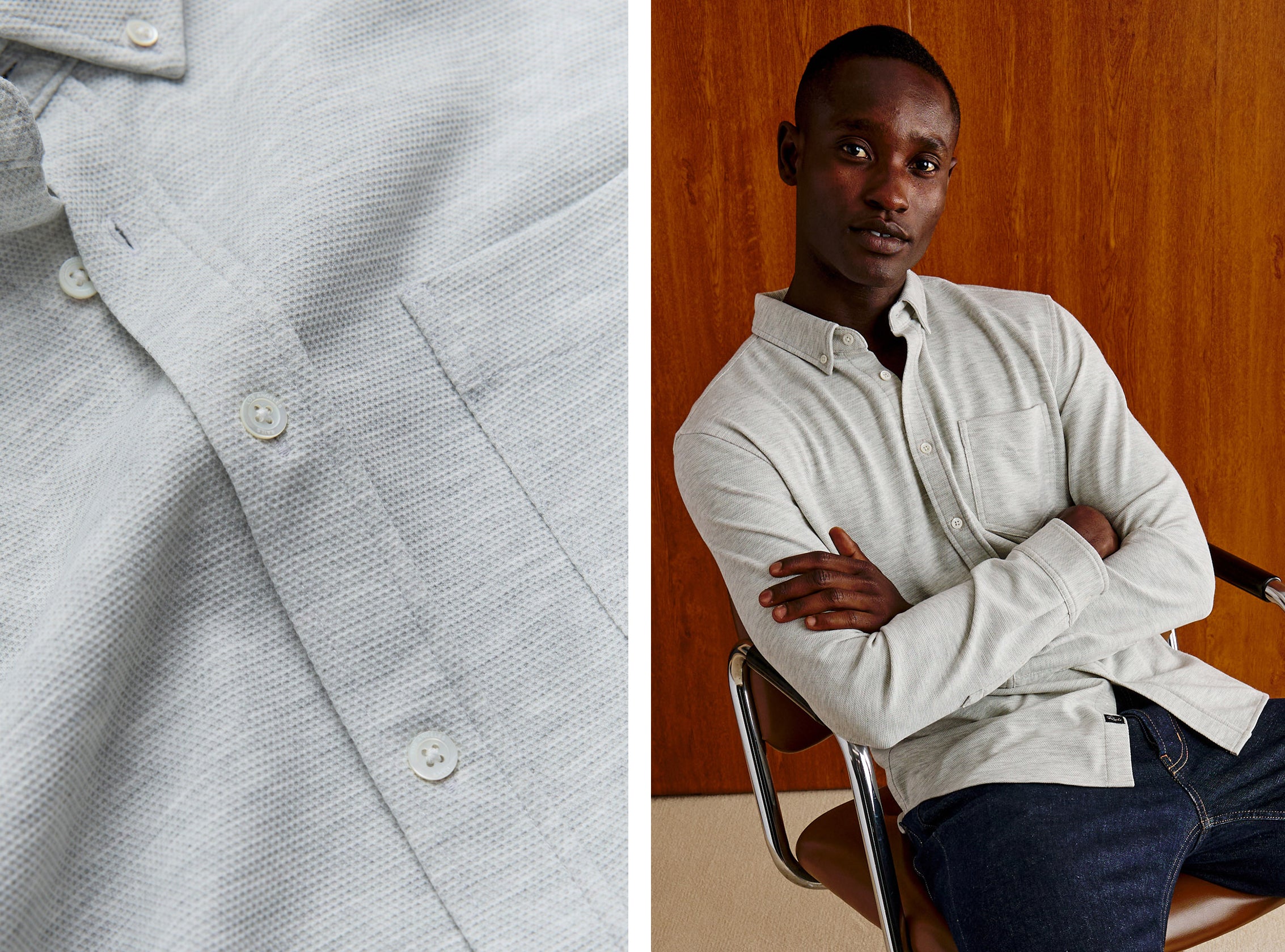 A split image showing a close-up of a light gray textured long-sleeve button-up shirt on the left, and a man wearing the shirt in a studio setting with a wood-paneled background on the right.
