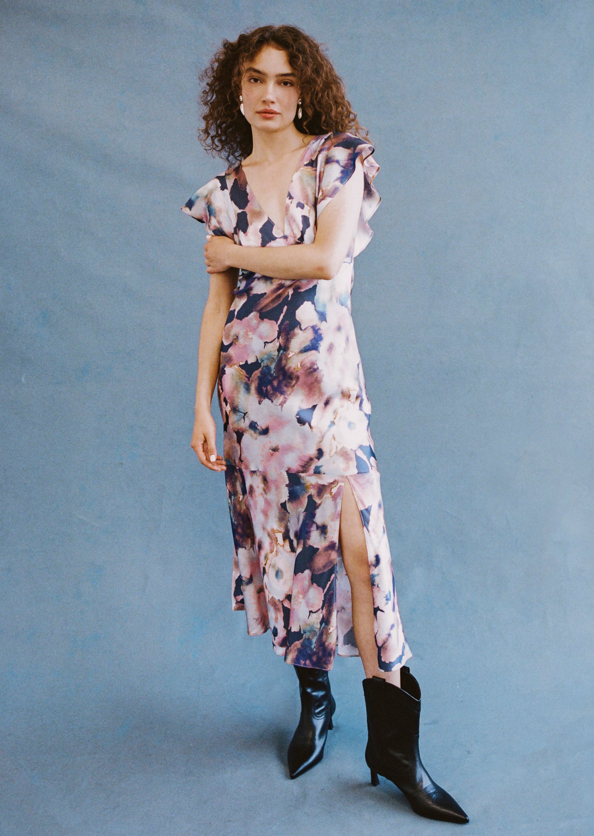 FRONT FULL BODY EDITORIAL IMAGE OF MODEL WEARING DINA DRESS