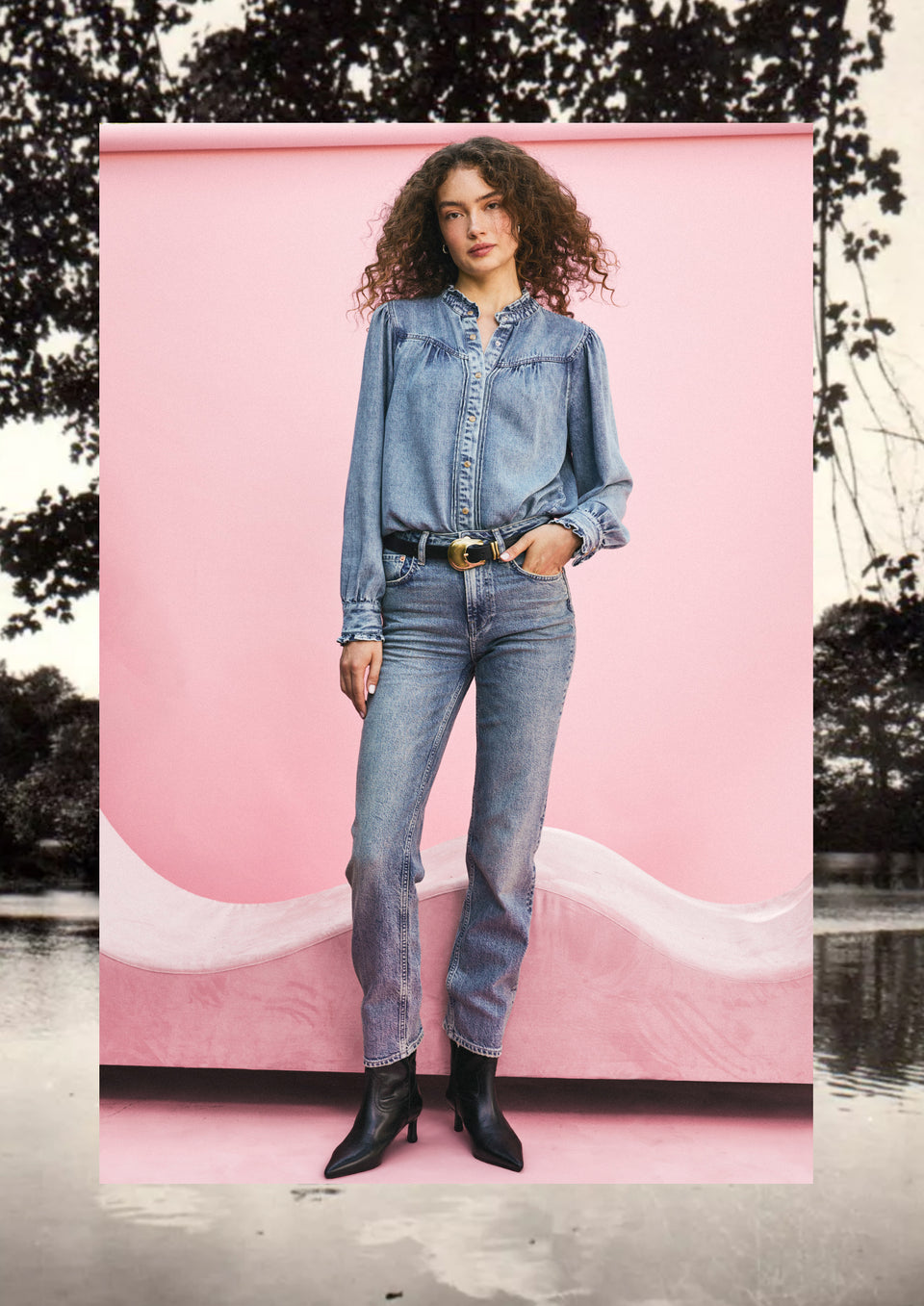 FRONT FULL BODY EDITORIAL IMAGE OF MODEL WEARING ALANNA SHIRT AND TOPANGA STRAIGHT JEANS