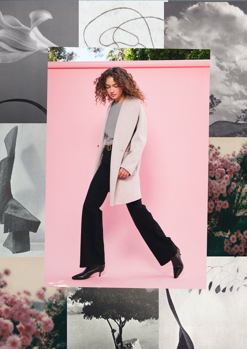 FULL BODY EDITORIAL IMAGE OF MODEL WEARING NILLY COAT, MACY TOP, AND GETTY WIDE LEG JEANS