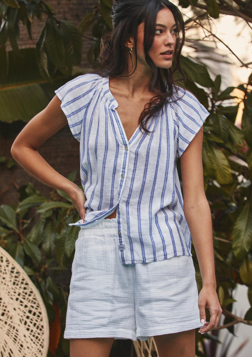 Front editorial image of model wearing Alena Top and Leighton Short