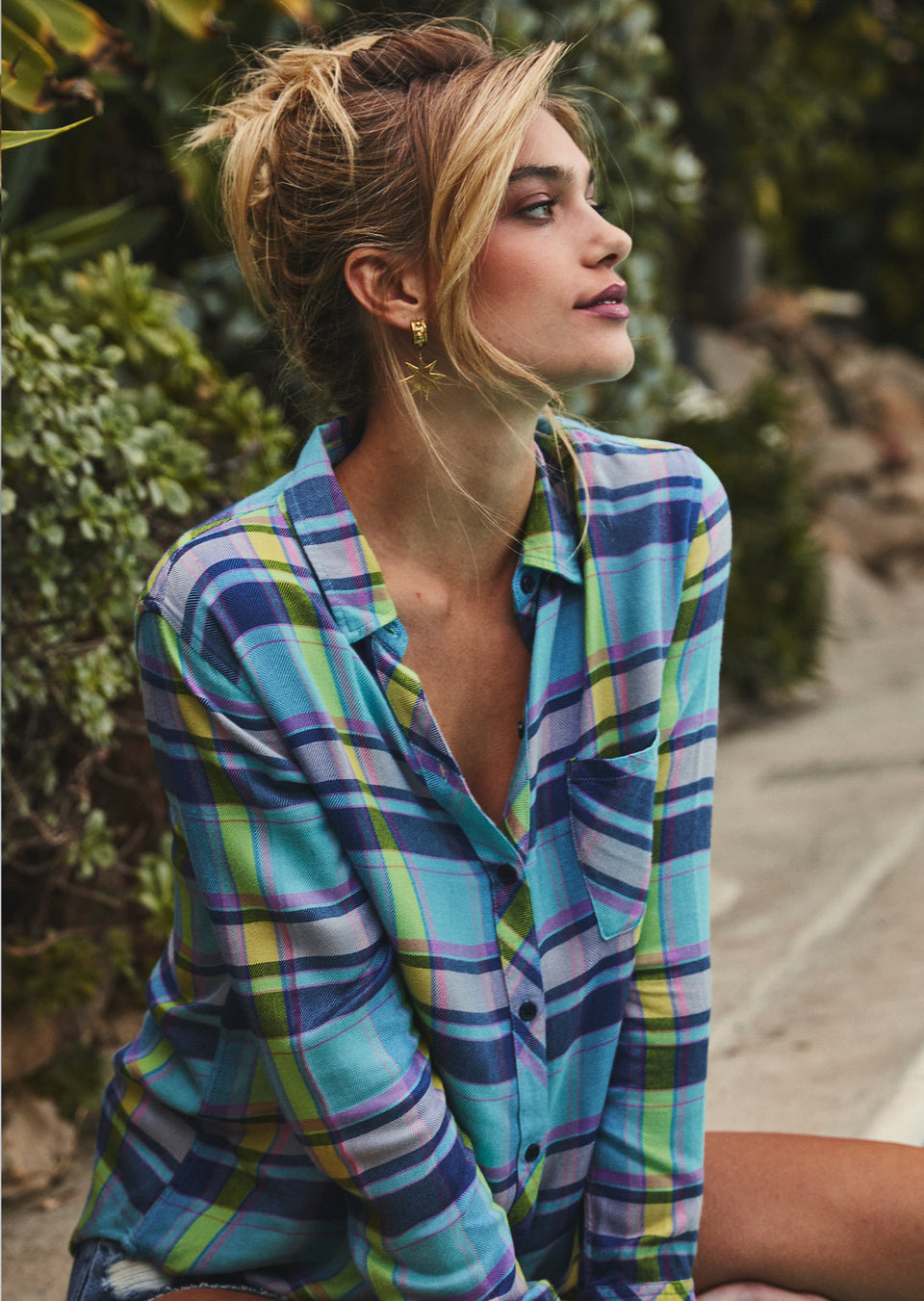 Detail editorial image of model wearing Hunter Shirt