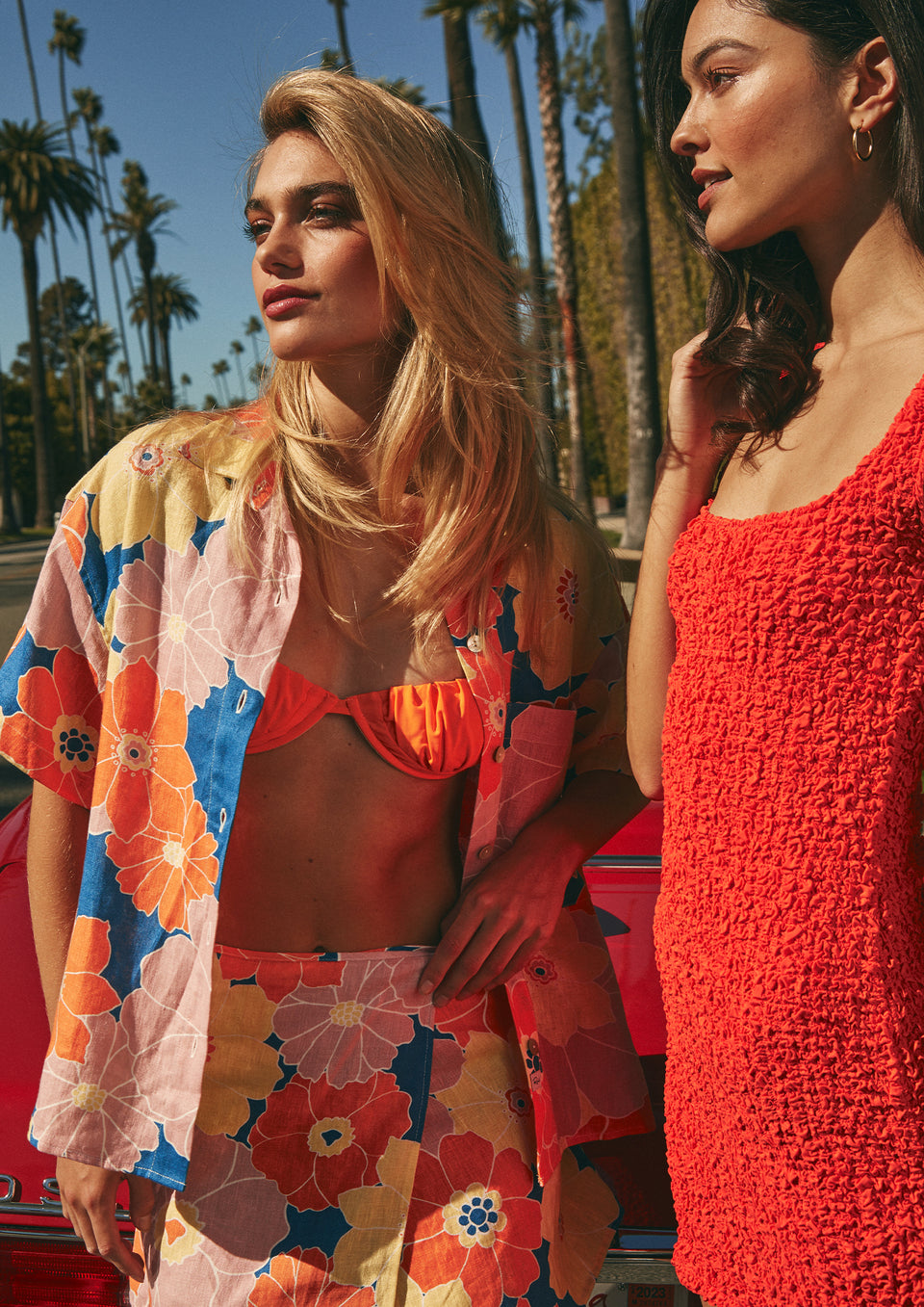 Editorial image of two models wearing Mackinley Top, Mateo Skirt, and Julie Dress