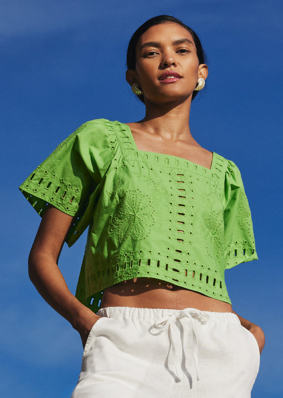FRONT EDITORIAL IMAGE OF MODEL WEARING LAINE TOP IN ISLAND GREEN AND EMMIE PANTS IN WHITE