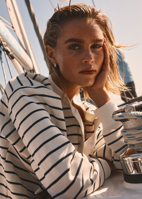 Detail editorial image of model wearing Joan Sweatshirt