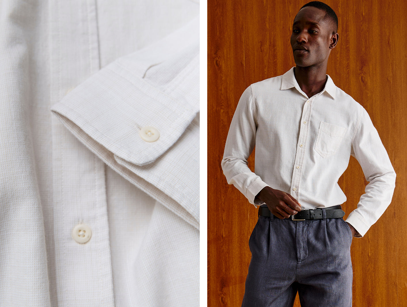 A split image showing a close-up of a white long-sleeve button-up shirt's fabric and cuff detail on the left, and a man wearing the shirt tucked into dark gray trousers on the right, set against a warm wood-paneled background.