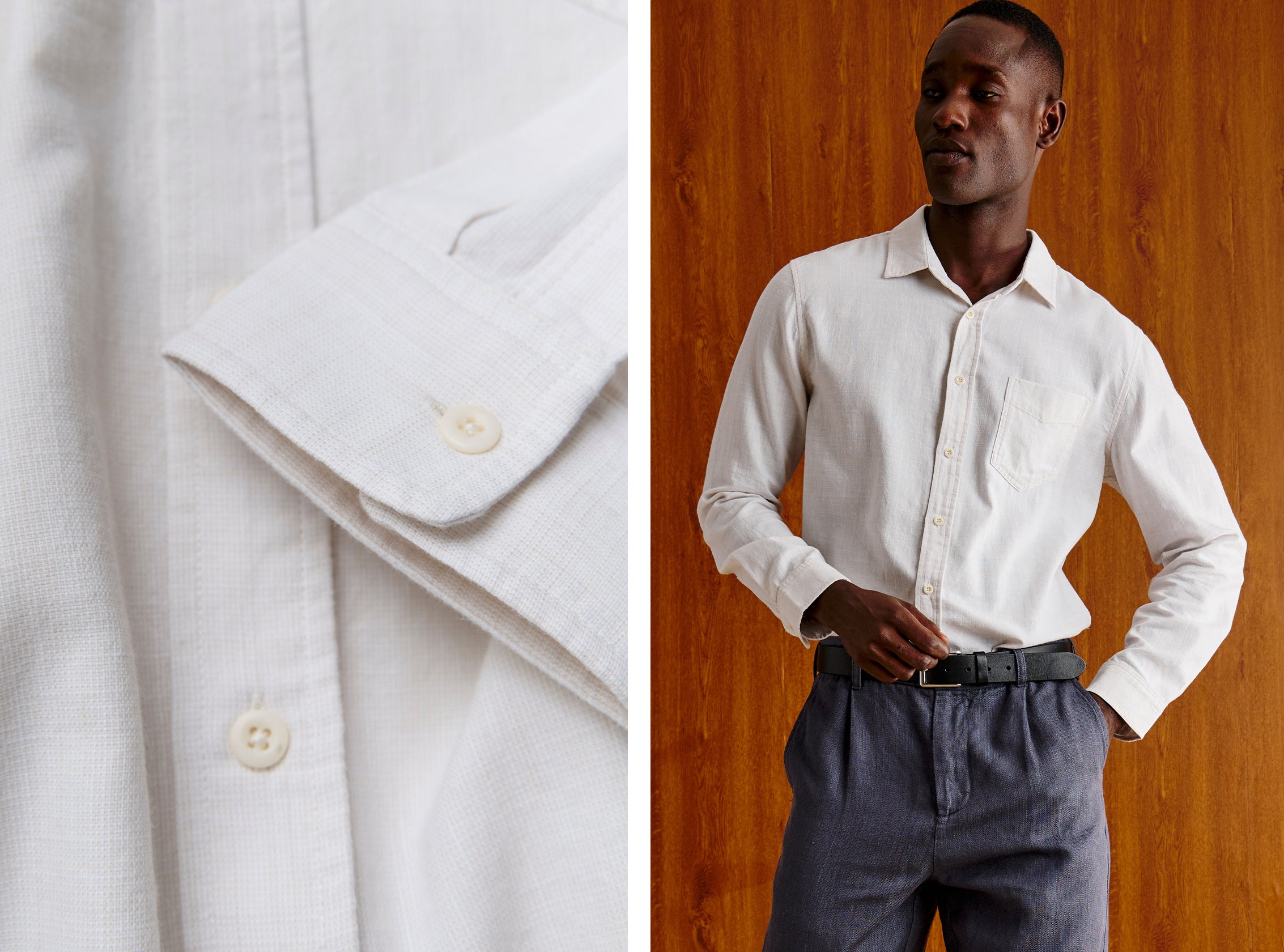 A split image showing a close-up of a white long-sleeve button-up shirt's fabric and cuff detail on the left, and a man wearing the shirt tucked into dark gray trousers on the right, set against a warm wood-paneled background.