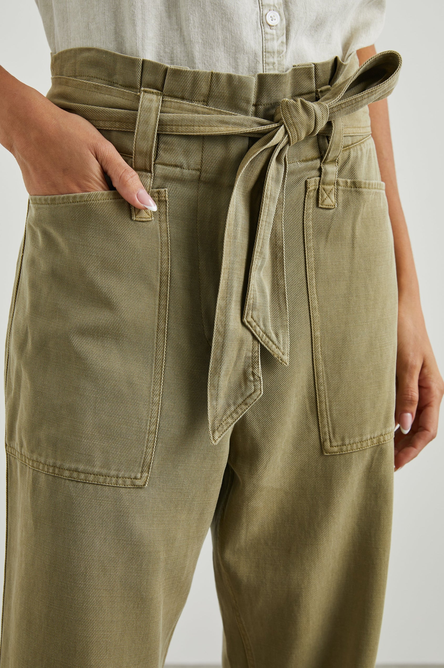 Achilles Pants with Fabric Tie Belt, Two Large Front Pockets, Two Back Patch Pockets and Belt Loops in Canteen Colorway - Front View Featured on Model 