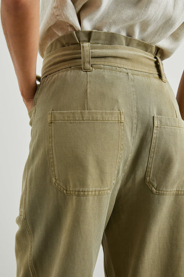 Achilles Pants with Fabric Tie Belt, Two Large Front Pockets, Two Back Patch Pockets and Belt Loops in Canteen Colorway - Back View Featured on Model 