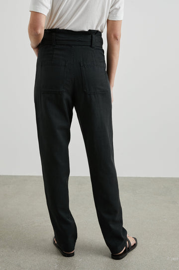 Achilles Pants with Fabric Tie Belt, Two Large Front Pockets, Two Back Patch Pockets and Belt Loops in Washed Black Colorway - Back View Featured on Model 
