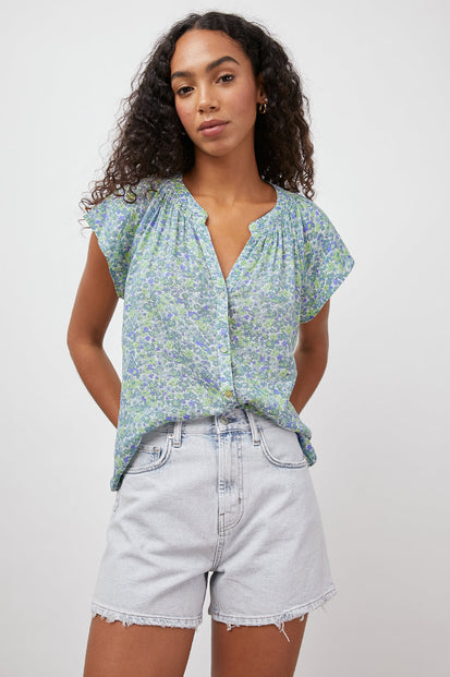 ALENA BLUE GREEN WILDFLOWER SHORT SLEEVE BLOUSE-FRONT