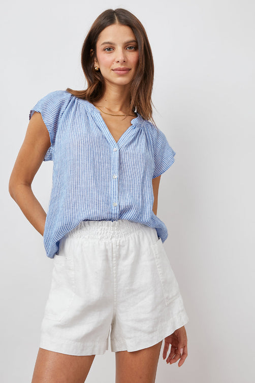 ALENA SANIBEL STRIPE SHORT SLEEVE BUTTON DOWN BLOUSE- FRONT TUCKED IN