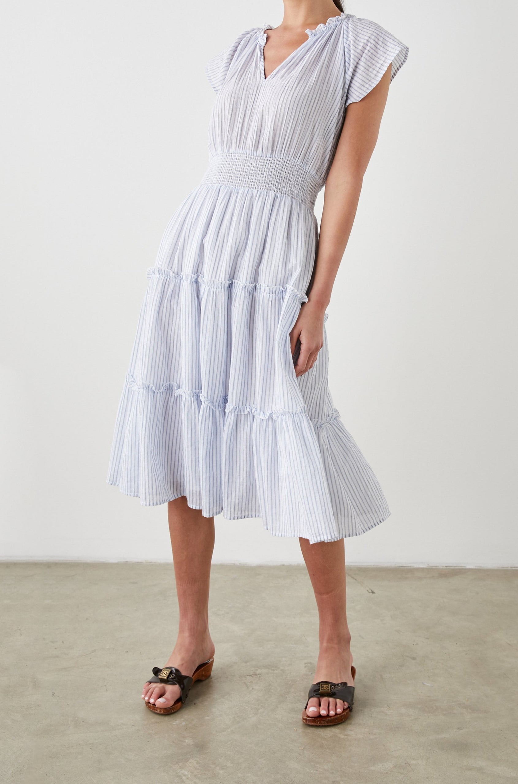 AMELLIA DRESS CINO STRIPE - FULL FRONT BODY IN MOTION