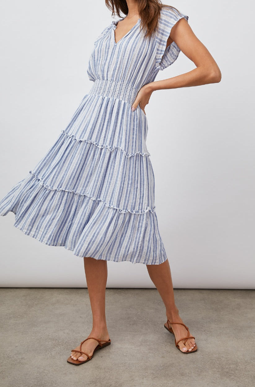 AMELLIA NEW HAVEN STRIPE TIERED SHORT SLEEVE DRESS-FULL FRONT BODY IN MOTION