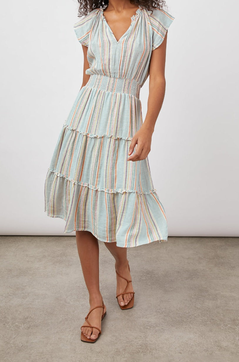 AMELLIA SAG HARBOR STRIPE TIERED SHORT SLEEVE DRESS-FULL FRONT BODY